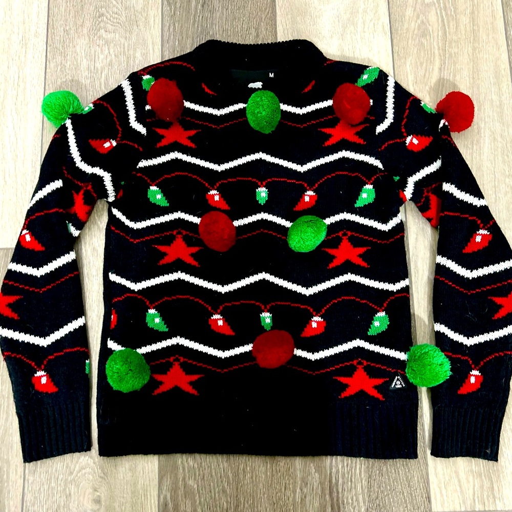 American Stitch Christmas Sweater Black, Red & Green Balls & Lights Size Medium